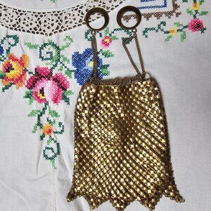 Antique Whiting & Davis Gold Brass Chain Mail Draw String Drawstring Bag Purse
